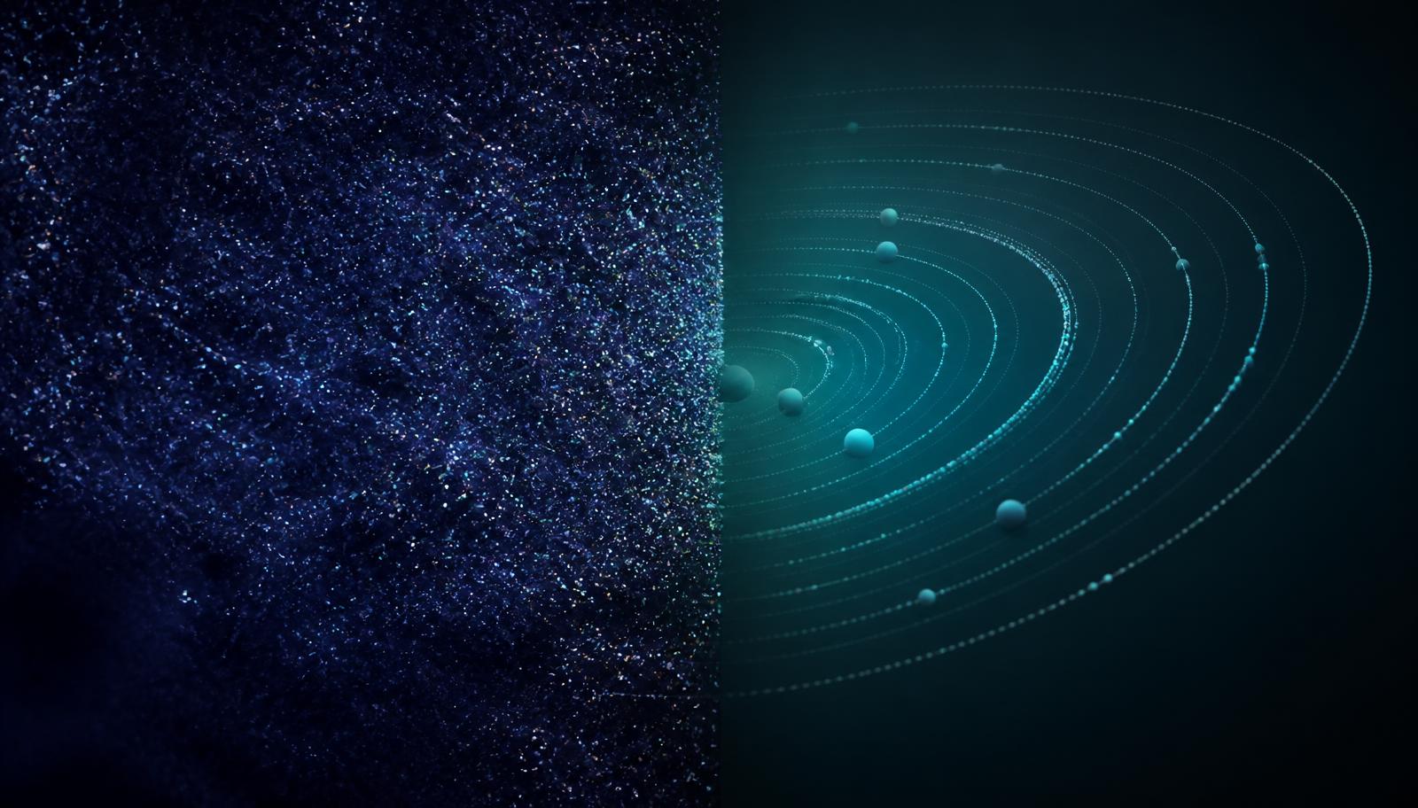 Scattered particles resolving into ordered glowing orbits