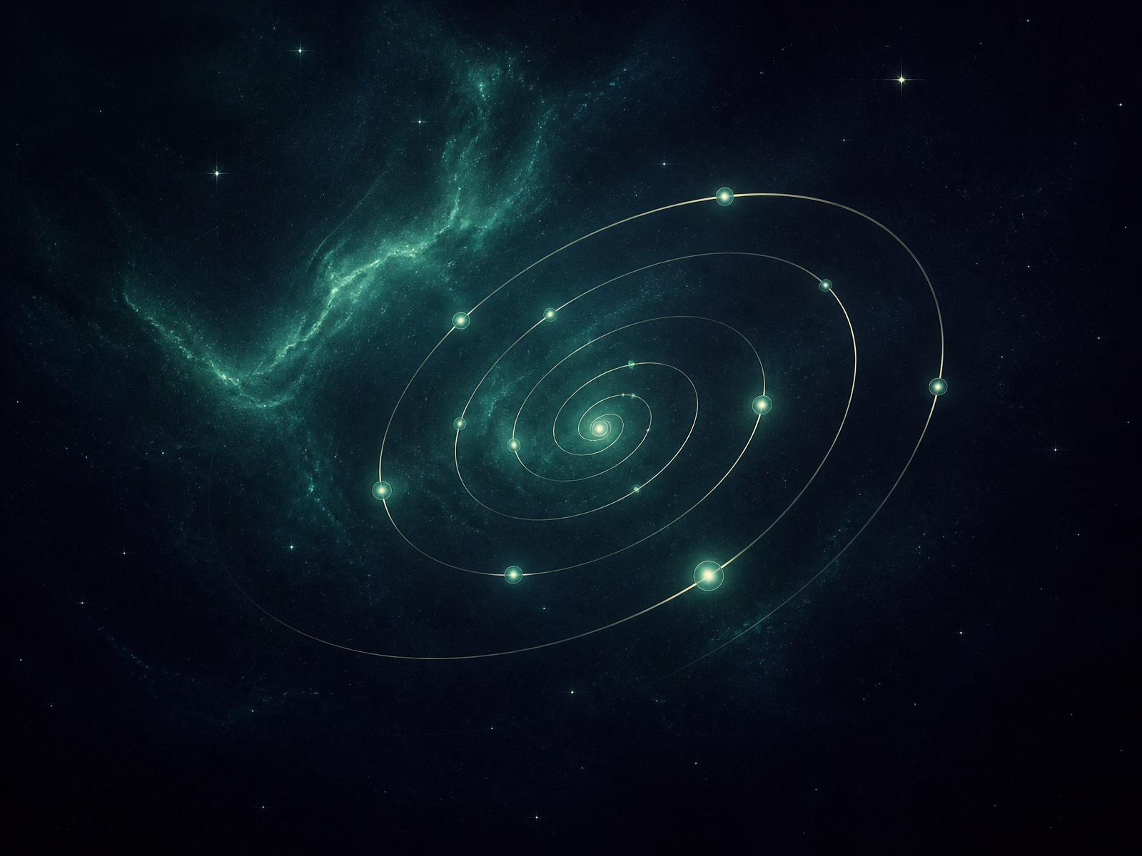 A luminous spiral of orbiting points against a deep starfield